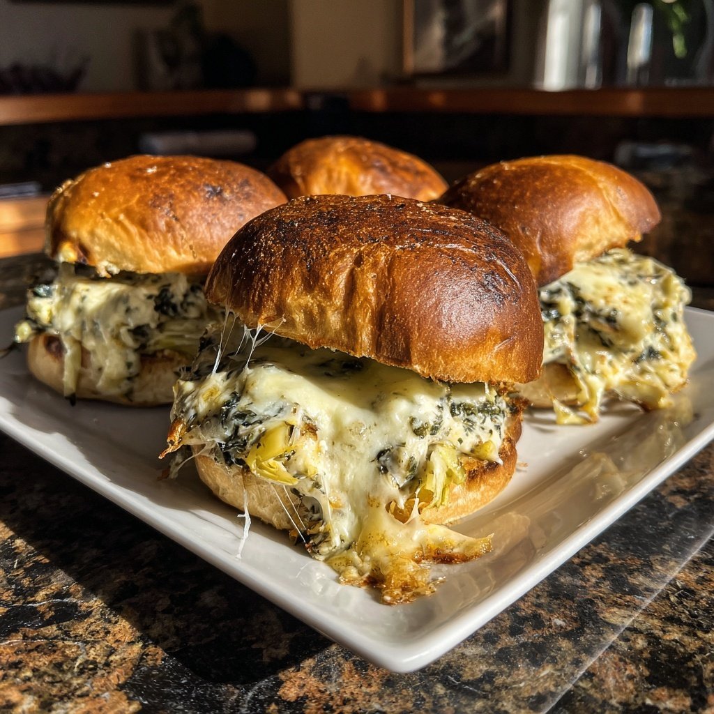 Cheesy Spinach Artichoke Sliders